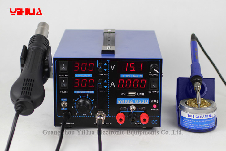 YIHUA 853D 2A with USB 3 IN 1 soldering station rework station iron handle